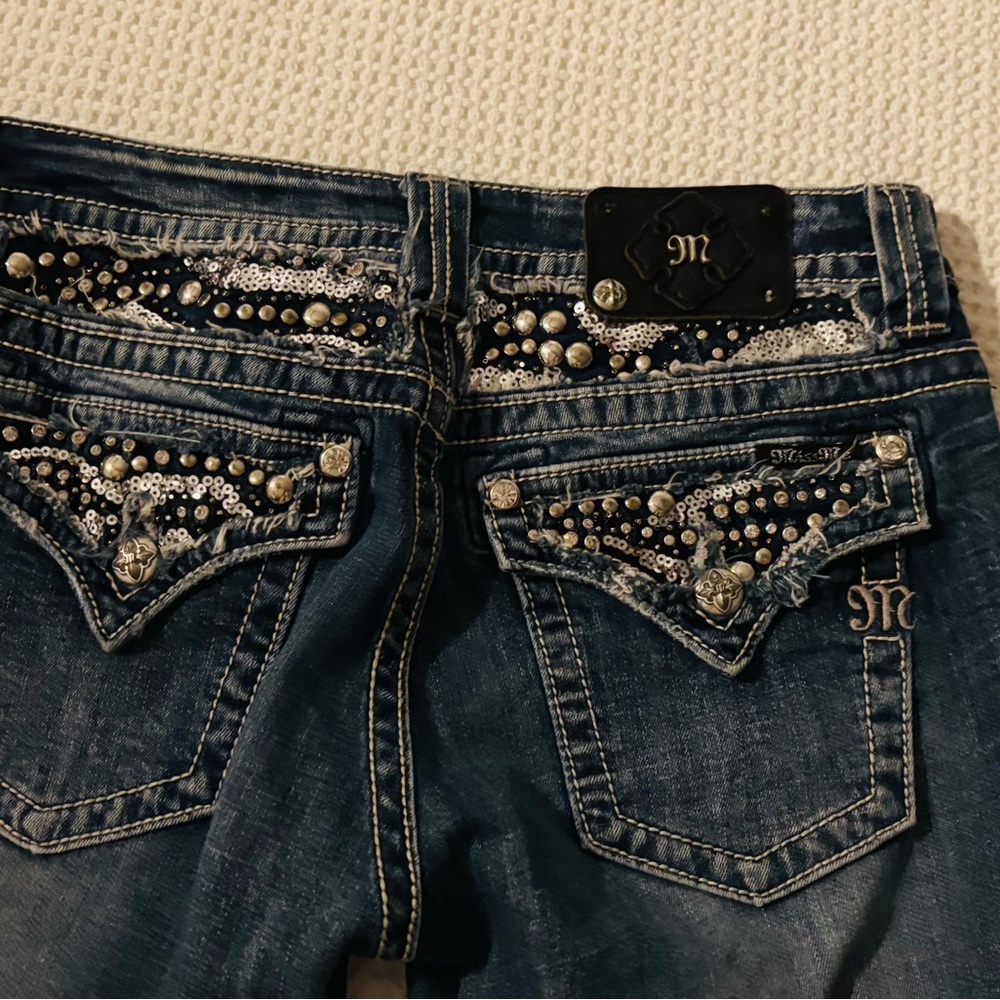 Miss Me Dark Blue Boot Cut Jeans with Sequin & Stud Embellishment Size 30 x 22